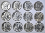 12-MIXED DATE MERCURY DIMES, CH BU