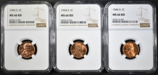 1946-S, 54-S & 55-S LINCOLN CENTS, NGC MS-66 RED