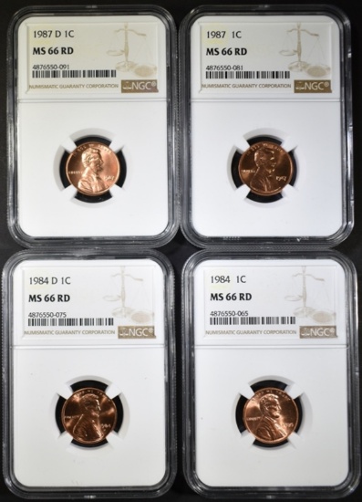 1984, 84-D, 87, 87-D LINCOLN CENTS, NGC MS-66 RED