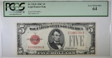 1928C $5 LEGAL TENDER NOTE.  RED SEAL.  PMG 64