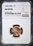 1966 SMS LINCOLN CENT, NGC MS-68 RED