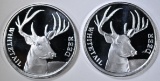 2-WHITETAIL DEER ONE OUNCE .999 SILVER ROUNDS