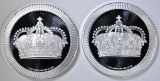 2-SILVERTOWNE 1-Oz .999 SILVER STACKABLE CROWNS