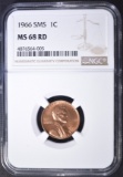 1966 SMS LINCOLN CENT, NGC MS-68 RED