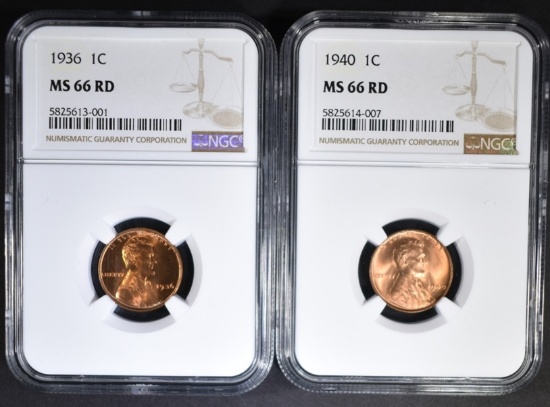 1936 & 1940 LINCOLN CENTS, NGC MS-66 RD