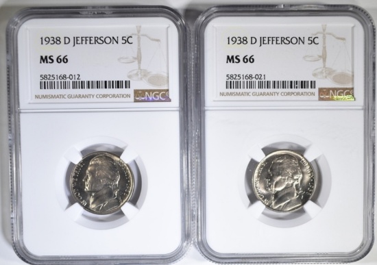 2-1938-D JEFFERSON NICKELS, NGC MS-66