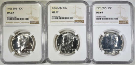(3) 1966 SMS KENNEDY HALVES  NGC MS 67