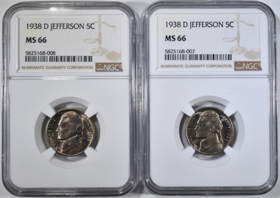 2-1938-D JEFFERSON NICKELS, NGC MS-66