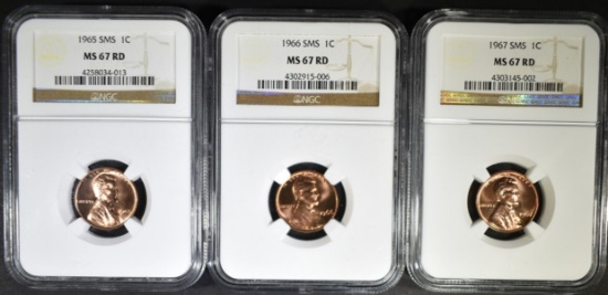 1965, 66 & 67 SMS LINCOLN CENTS, NGC MS-67 RED