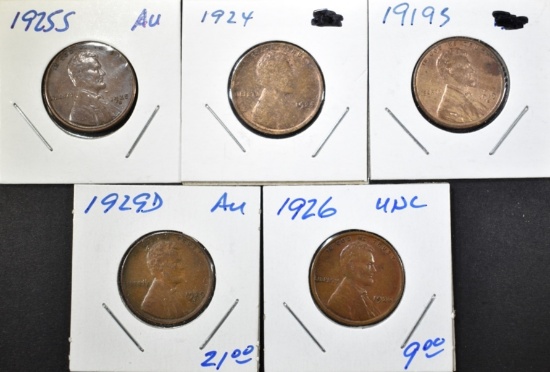 1919-S, 24, 25-S, 26, 29-D LINCOLN CENTS AU-BU