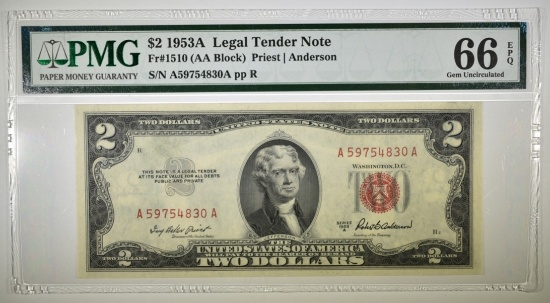 1953A $2 LEGAL TENDER NOTE, PMG 66 EPQ
