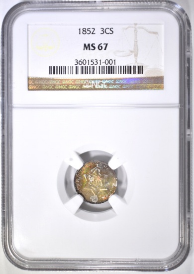 1852 3-CENT SILVER, NGC MS-67 RAINBOW COLORS
