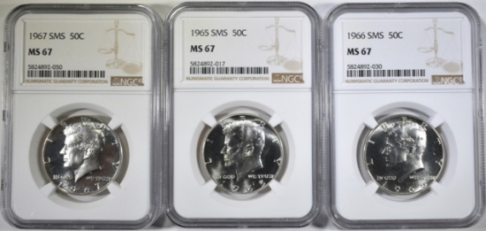 1965, 66 & 67 SMS KENNEDY HALF DOLLARS, NGC MS-67