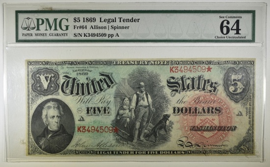1869 $5 LEGAL TENDER "WOOD CHOPPER" PMG 64