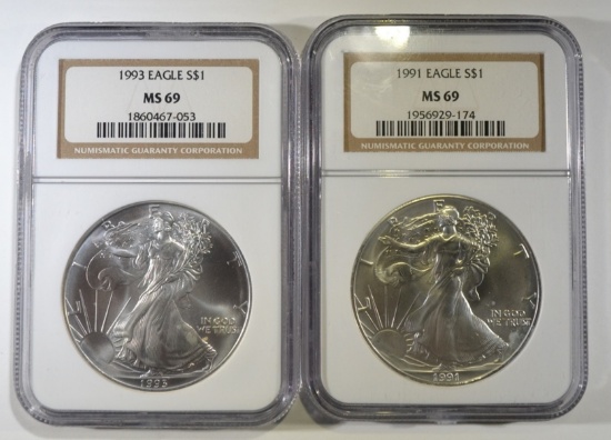 1991 & 93 SILVER EAGLES NGC MS-69
