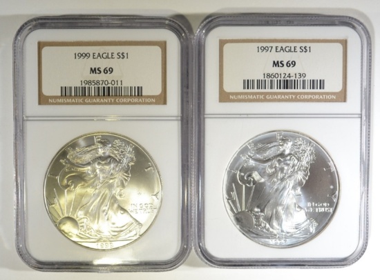 1997 & 99 SILVER EAGLES NGC MS-69