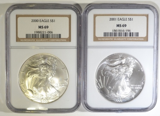 2000 & 01 SILVER EAGLES NGC MS-69