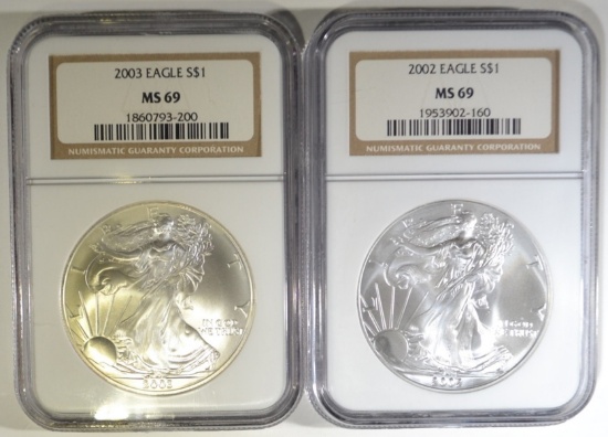 2002 & 03 SILVER EAGLES NGC MS-69