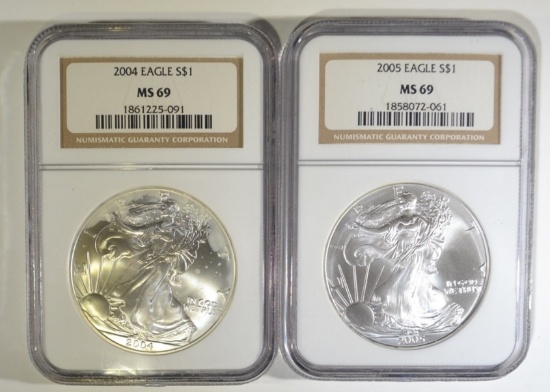 2004 & 05 SILVER EAGLES NGC MS-69