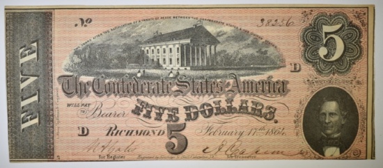 1864 $5 CONFEDERATE NOTE AU