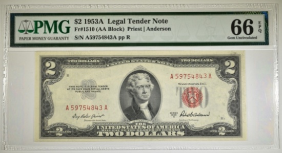 1953A $2 LEGAL TENDER NOTE, PMG 66 EPQ