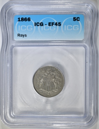 1866 RAYS SHIELD NICKEL ICG EF-45