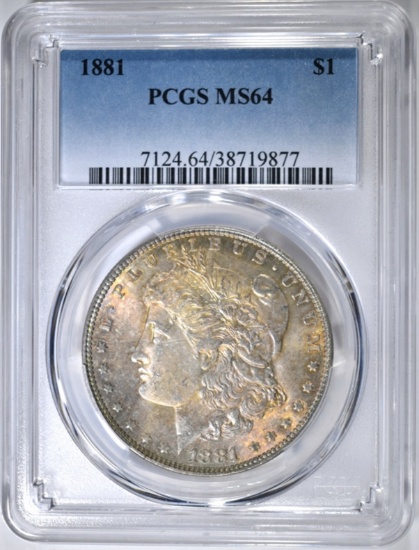 1881 MORGAN DOLLAR, PCGS MS-64 RAINBOW COLOR