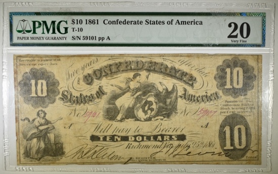 1861 $10 CONFEDERATE NOTE PMG 20 T-10