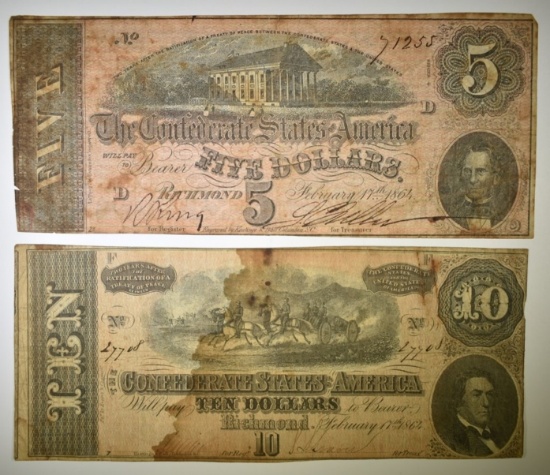 1864 $5 & $10 CONFEDERATE NOTES