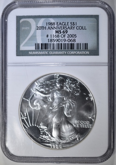 1988 SILVER EAGLE NGC MS-69 20TH ANN. COLLECTION