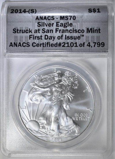 2014 (S) SILVER EAGLE ANACS MS-70 FIRST DAY ISSUE