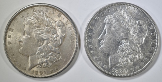 1891 & 1880-O MORGAN DOLLARS, AU