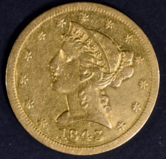 1843-O $5 GOLD LIBERTY SMALL LETTERS  AU