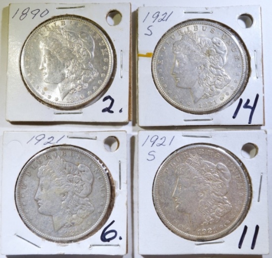 4 CIRCULATED MORGAN DOLLARS 1921, 2 21-S, 1890