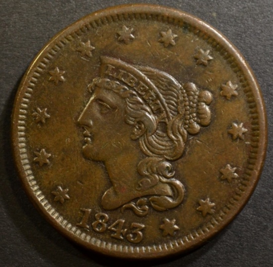 1843 LARGE CENT XF