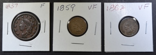 1837 LARGE CENT F, 1859 & 62 INDIAN CENTS VF