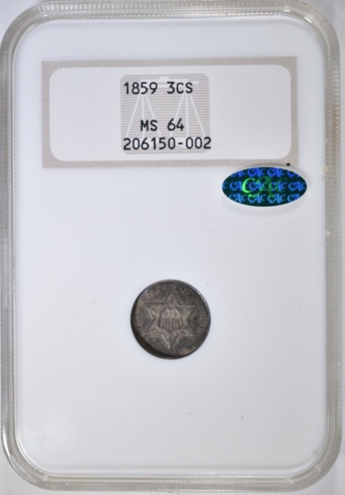 1859 3 CENT SILVER NGC MS-64 CAC