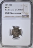 1892 BARBER DIME  NGC MS-63