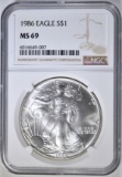 1986 AMERICAN SILVER EAGLE, NGC MS-69