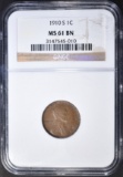 1910-S LINCOLN CENT  NGC MS-61 BN