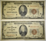 2 1929 $20 FEDERAL RESERVE BANK OF CLEVELAND NOTES