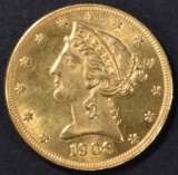 1908 $5 GOLD LIBERTY CH BU