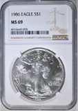 1986 AMERICAN SILVER EAGLE, NGC MS-69