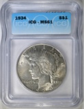 1934 PEACE DOLLAR, ICG MS-61