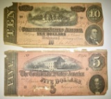 1864 $5 & $10 CONFEDERATE NOTES LOW GRADE