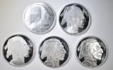 5-ONE OUNCE .999 SILVER BUFFALO/INDISN ROUNDS