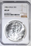 1986 AMERICAN SILVER EAGLE, NGC MS-69