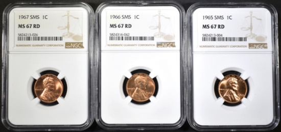 1965, 66 & 67 SMS LINCOLN CENTS, NGC MS-67 RED