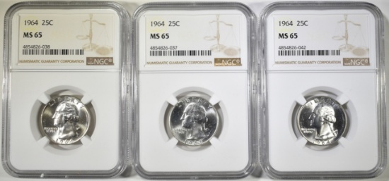 3-1964 WASHINGTON QUARTERS, NGC MS-65