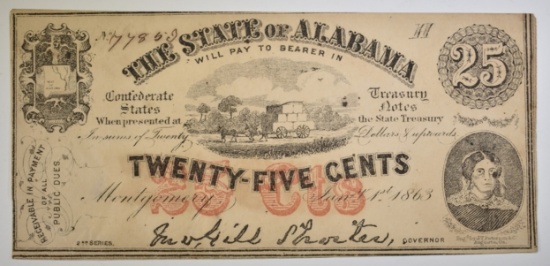 1863 25 CENT STATE OF ALABASMA NOTE
